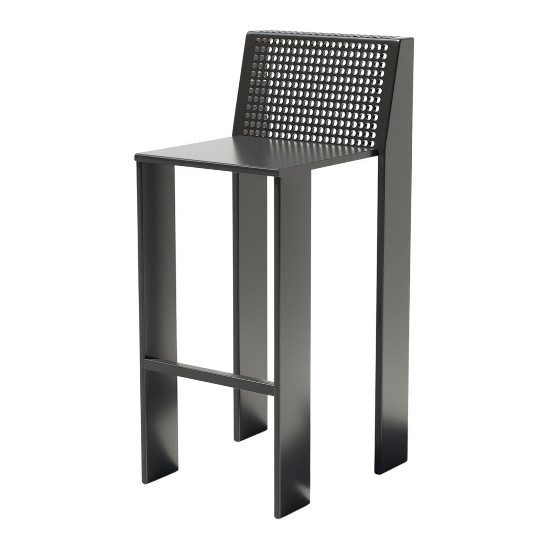 Modern black bar stool with a perforated backrest, showcasing sleek lines and a minimalist design.
