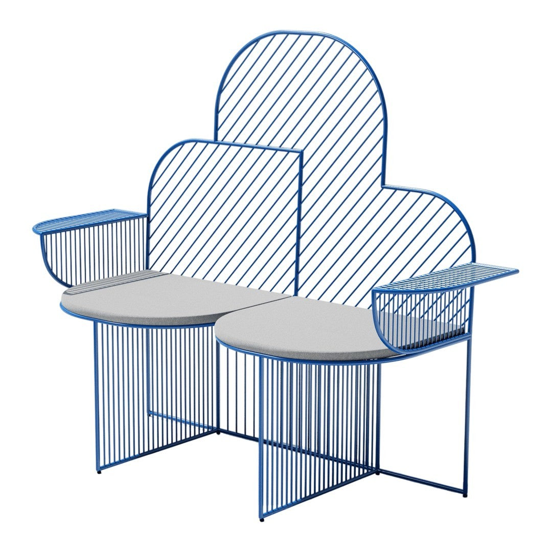 Blue wireframe bench with cloud-shaped backrest and striped pattern, featuring light gray seating surfaces.