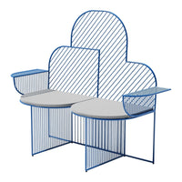 Blue wireframe bench with cloud-shaped backrest and striped pattern, featuring light gray seating surfaces.