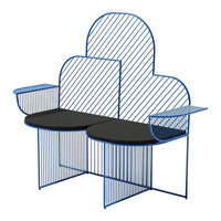 Blue striped metal bench with black circular seats and contemporary geometric design. Perfect for modern outdoor decor.
