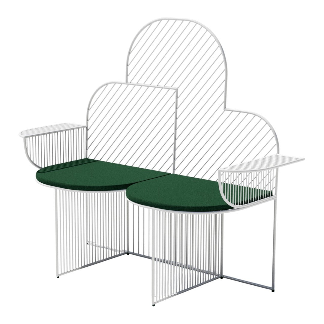 White metal bench with green cushions and a modern cloud-like design featuring striped patterns. Perfect for contemporary decor.