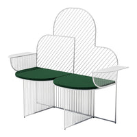 White metal bench with green cushions and a modern cloud-like design featuring striped patterns. Perfect for contemporary decor.