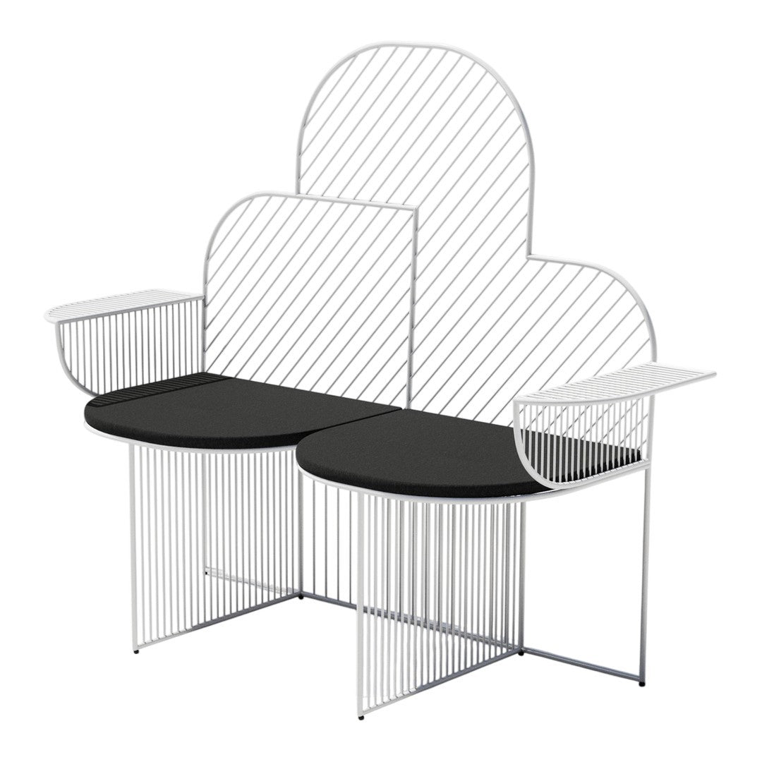 Modern white wireframe bench with a black top and geometric striped pattern. Ideal for stylish outdoor spaces.