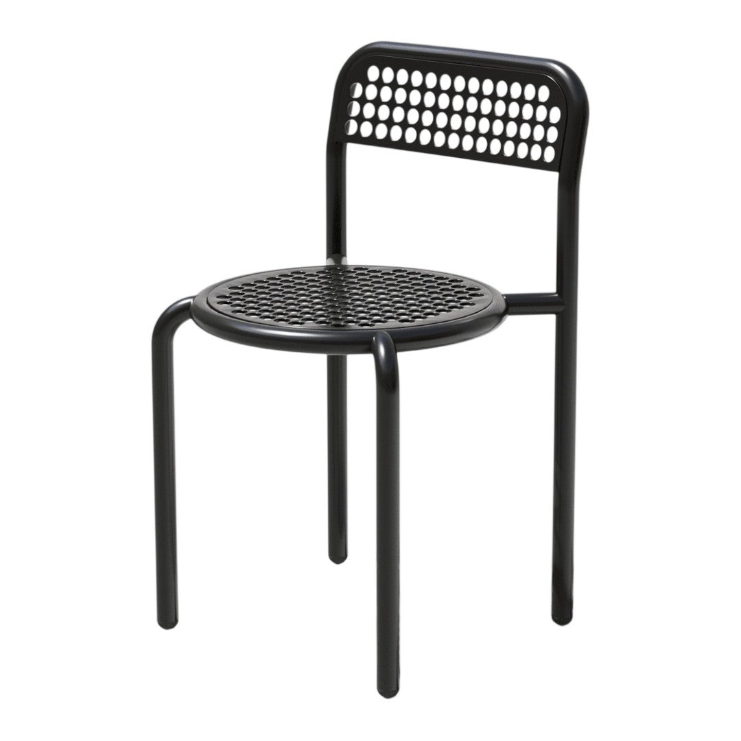 Black metal chair with a perforated backrest and seat, featuring a sleek design perfect for modern interiors.