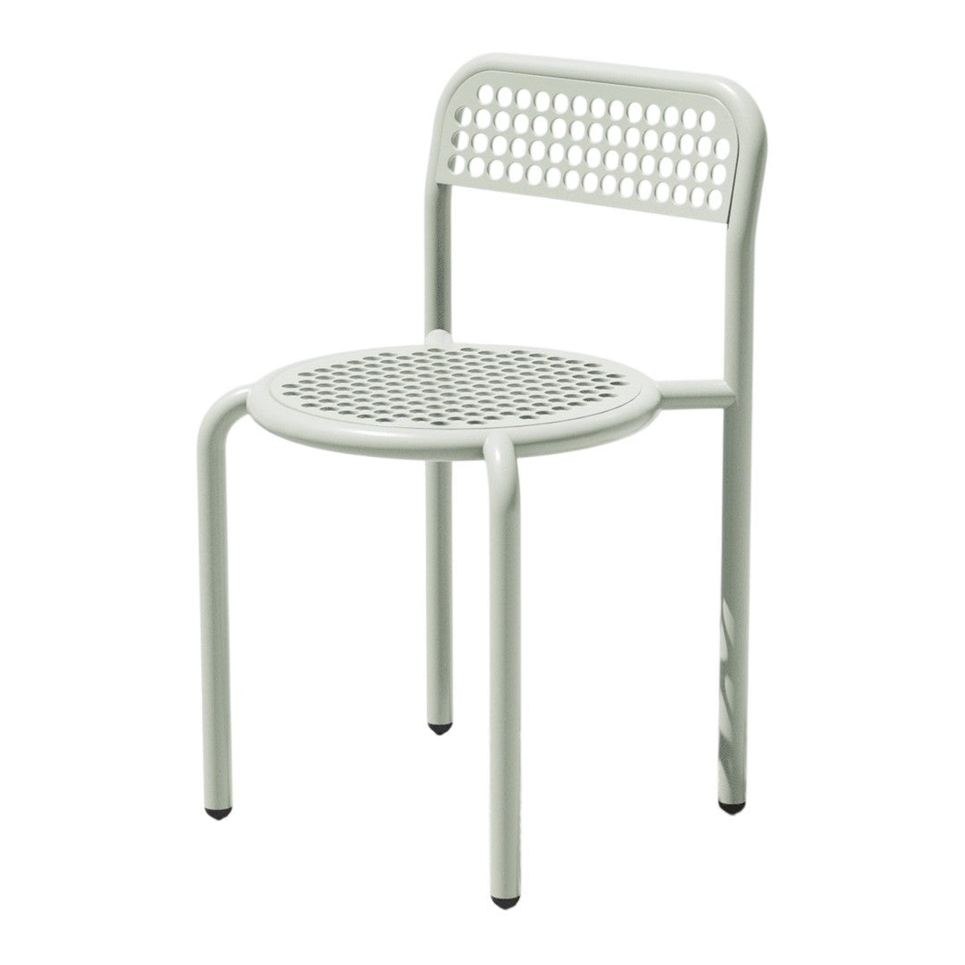 Light green metal chair with a grid-patterned backrest and round perforated seat, perfect for modern decor.