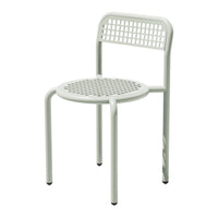 Light green metal chair with a grid-patterned backrest and round perforated seat, perfect for modern decor.