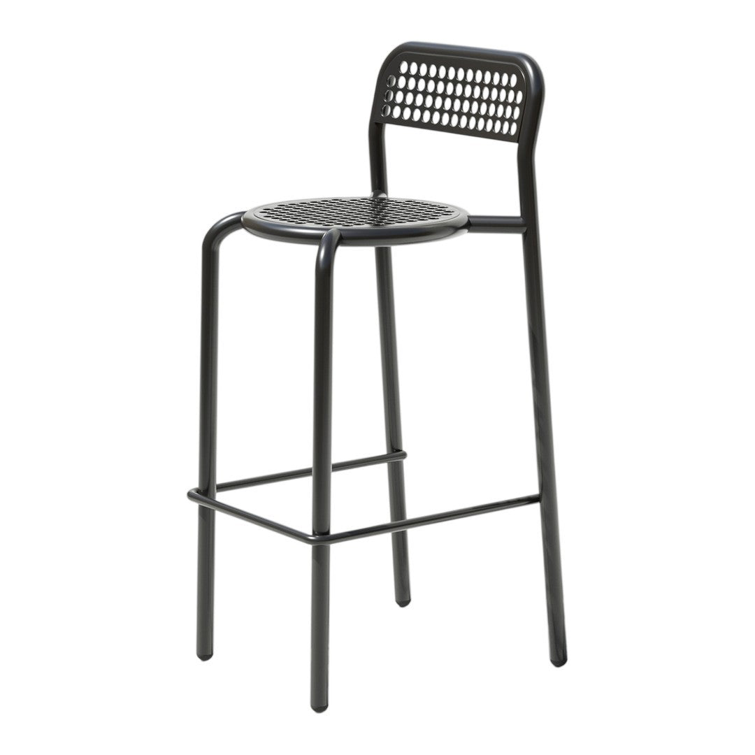Black metal bar stool featuring a woven pattern and sleek design, ideal for modern interiors.