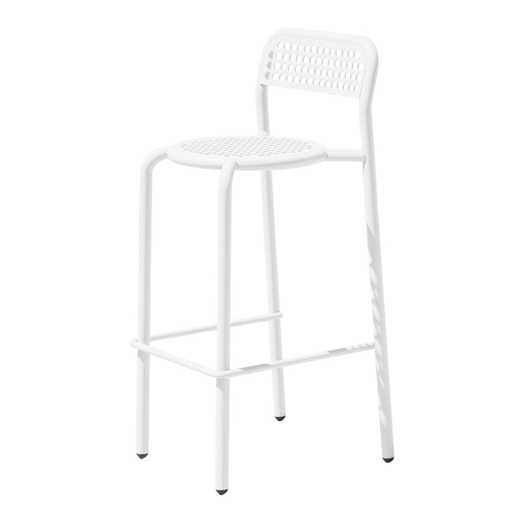 White bar stool with a woven pattern and sleek, modern design, ideal for contemporary spaces.
