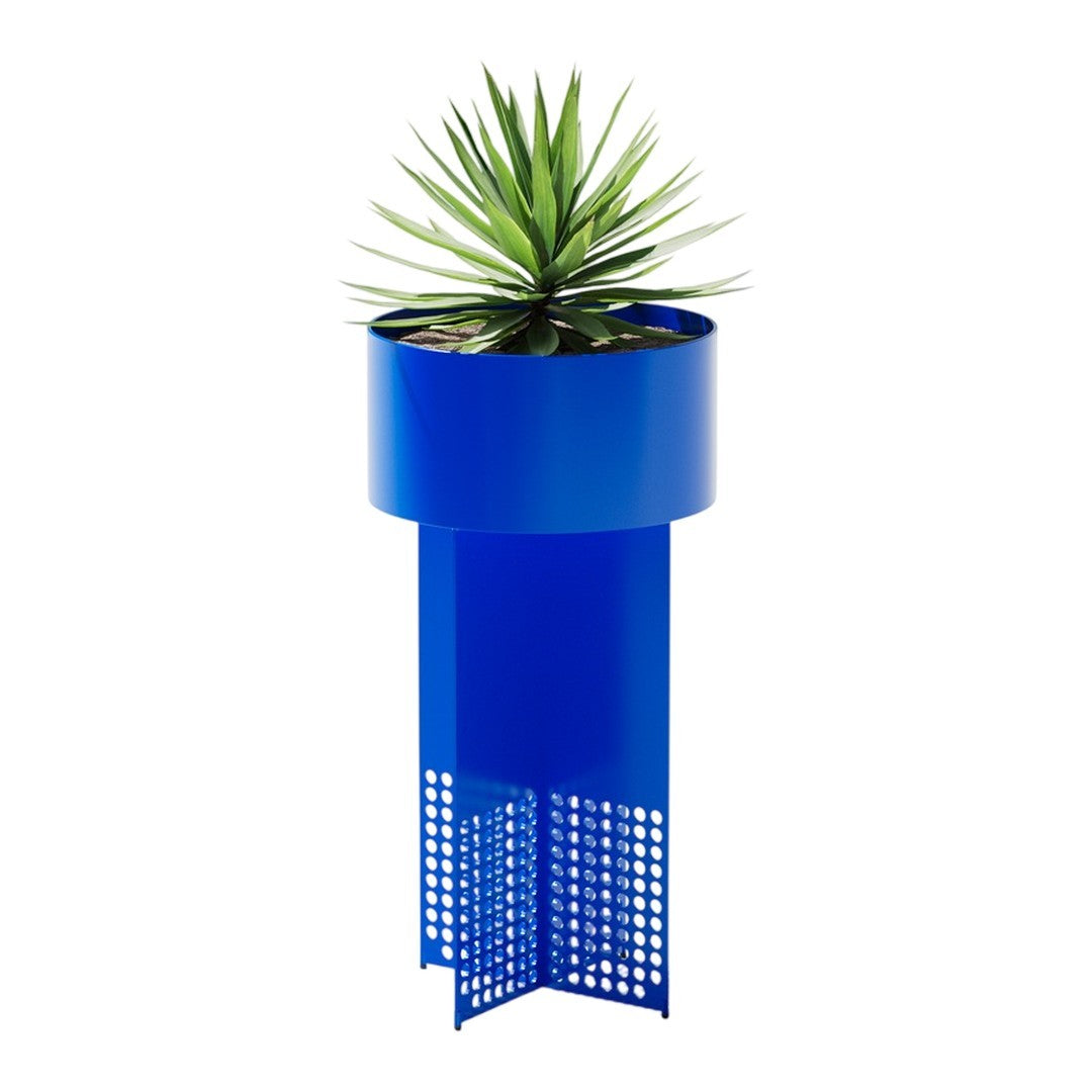 Blue metal planter with geometric perforated design and green plant on top. Modern decor accent for any space.
