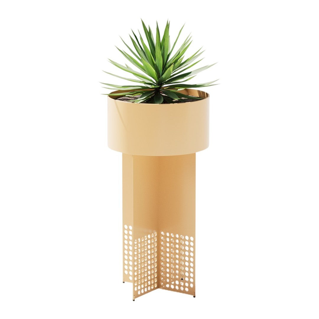 Yellow metal planter with a geometric cut-out pattern, holding a vibrant green plant.