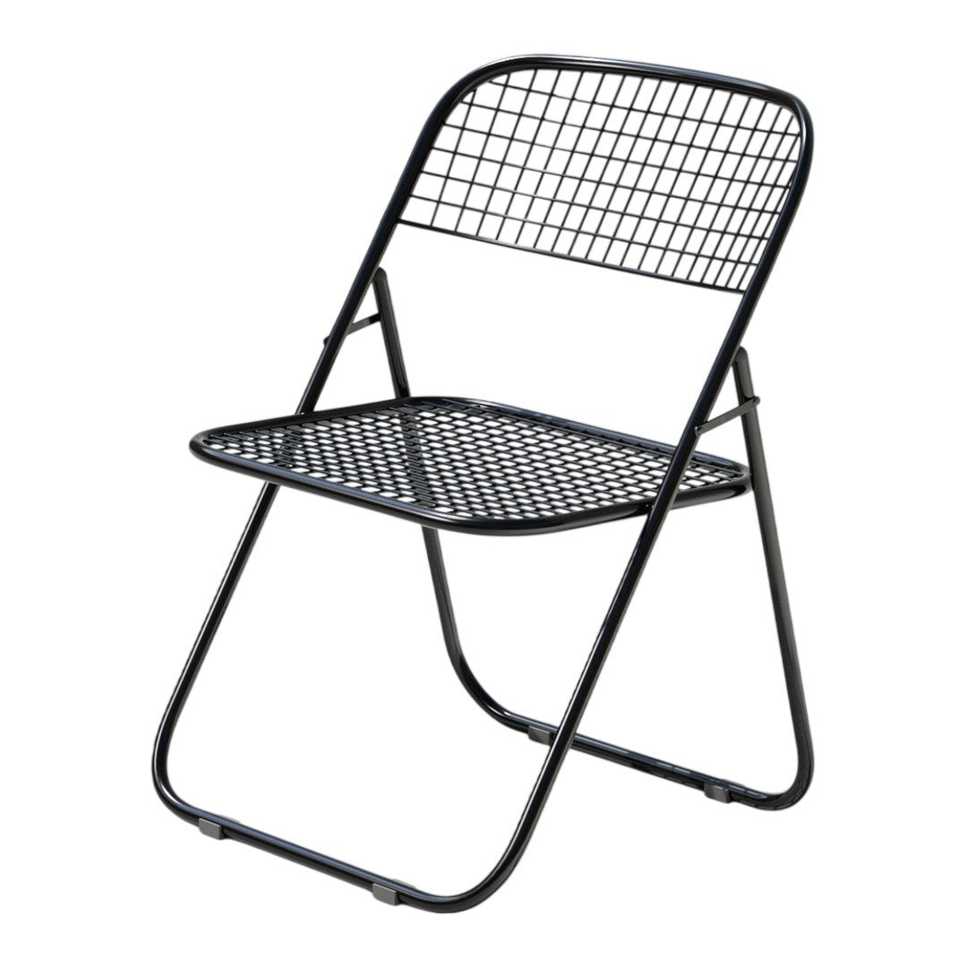 Black metal folding chair with a grid pattern design and a sleek, minimalistic style. Perfect for modern spaces.