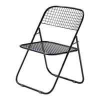 Black metal folding chair with a grid pattern design and a sleek, minimalistic style. Perfect for modern spaces.