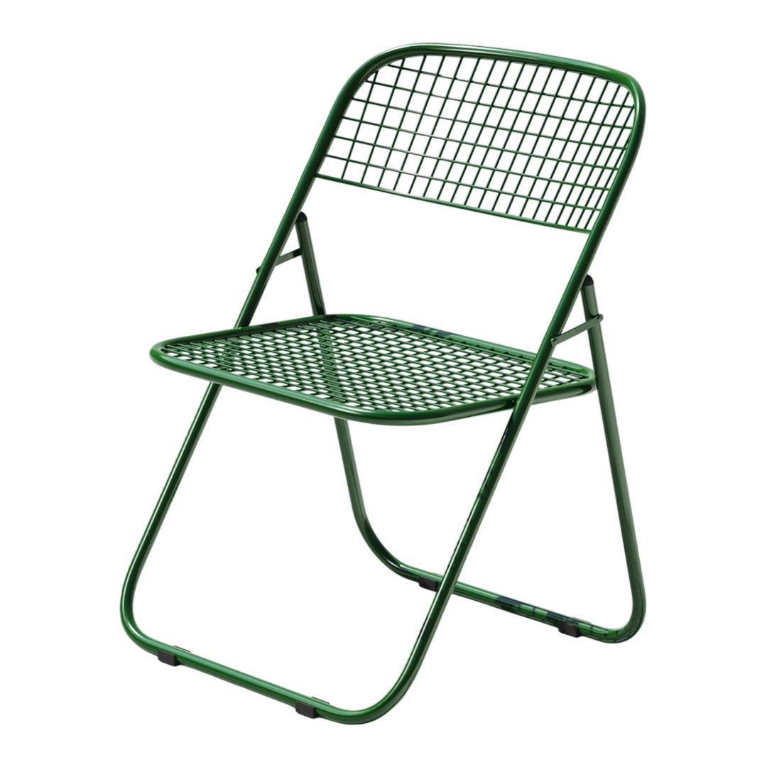 Green folding chair with a grid pattern and a modern, minimalist design. Perfect for outdoor and indoor use.