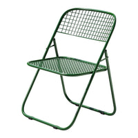 Green folding chair with a grid pattern and a modern, minimalist design. Perfect for outdoor and indoor use.