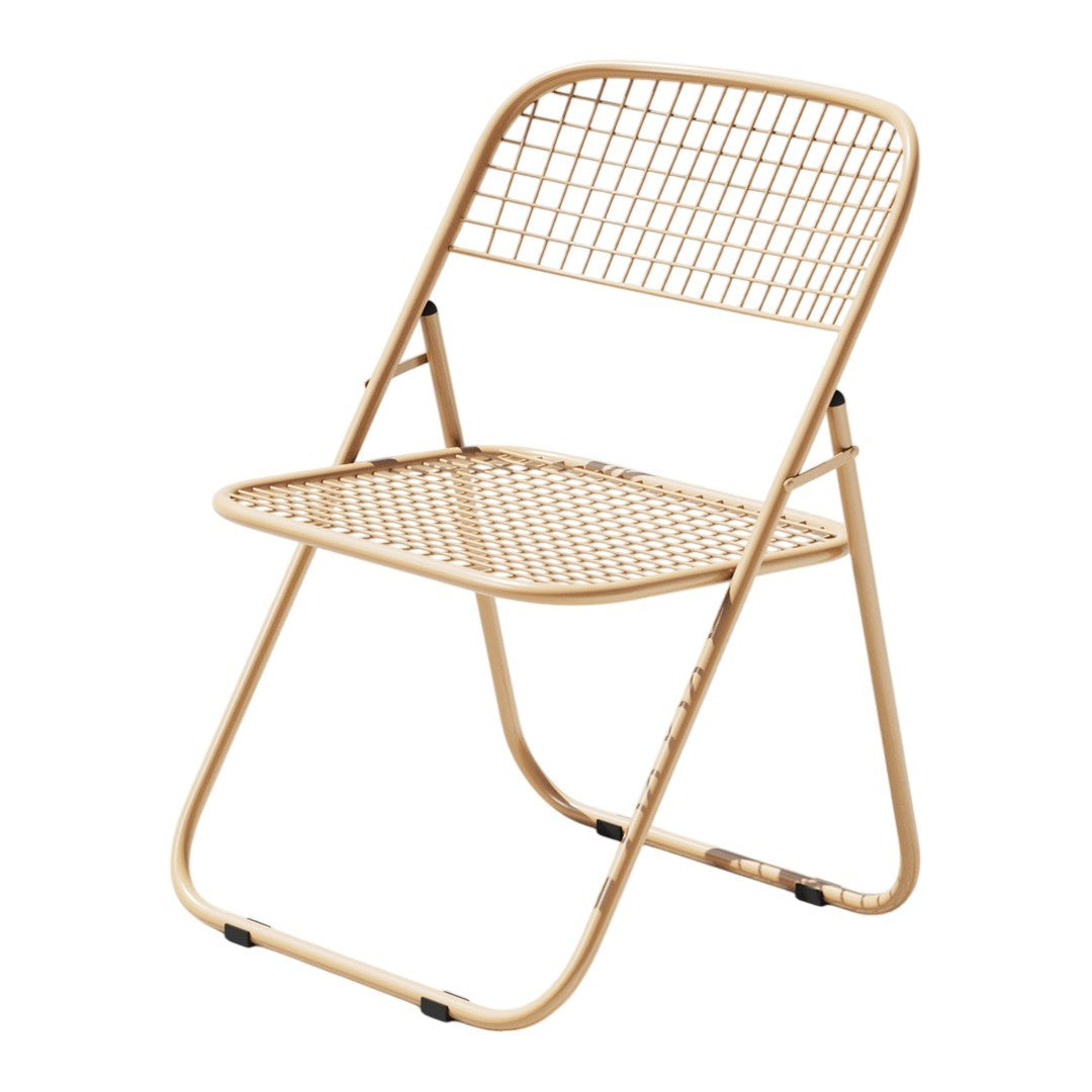 Beige folding chair with a grid pattern, featuring a sleek, minimalist design for versatile seating options.