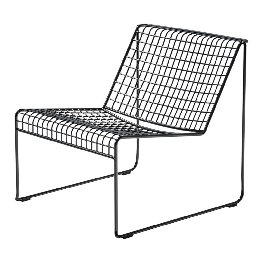 Black wire chair with an open grid pattern, perfect for modern minimalistic decor. Ideal for indoor or outdoor use.