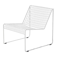 White wire lounge chair with a grid pattern and minimalist design, perfect for modern decor.