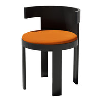 Black round chair with an orange cushioned seat, featuring a modern design and minimalist aesthetic.