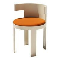 Modern cream chair with a curved back and bright orange cushion, showcasing a sleek, minimalist design.
