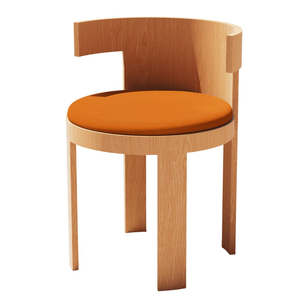 Wooden chair with a natural finish and a vibrant orange cushion. Modern design with clean lines and simple shapes.