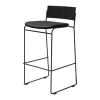 Black barstool with a sleek modern design, featuring a smooth seat and linear backrest in matte finish.