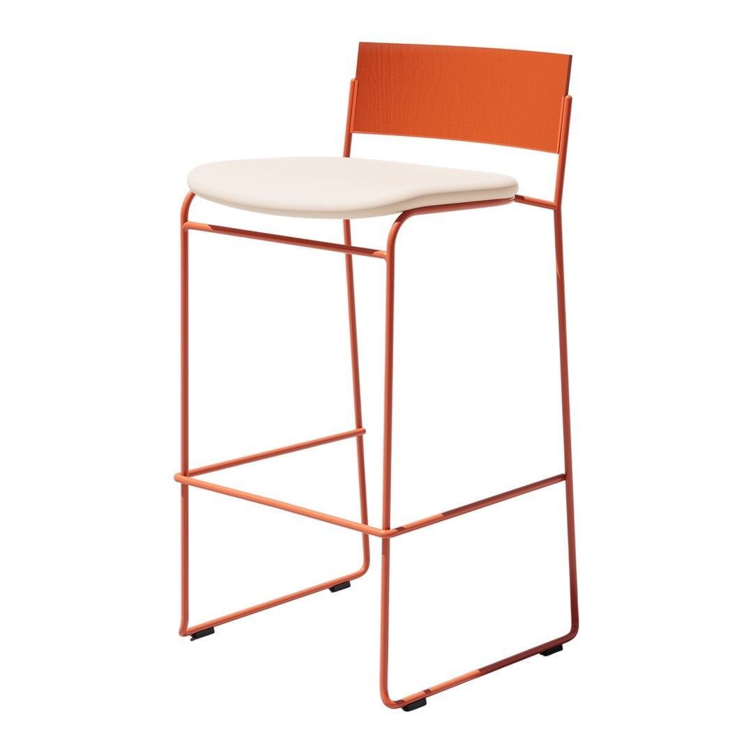Orange metal bar stool with a cream-colored seat and a sleek, minimalist design. Perfect for modern decor.