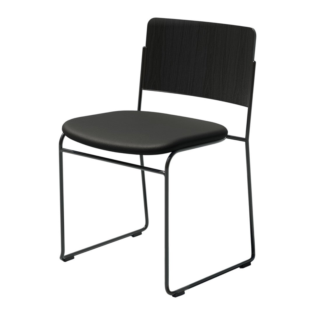 Black metal chair with a sleek, minimalist design featuring a smooth seat and vertical slat backrest pattern.