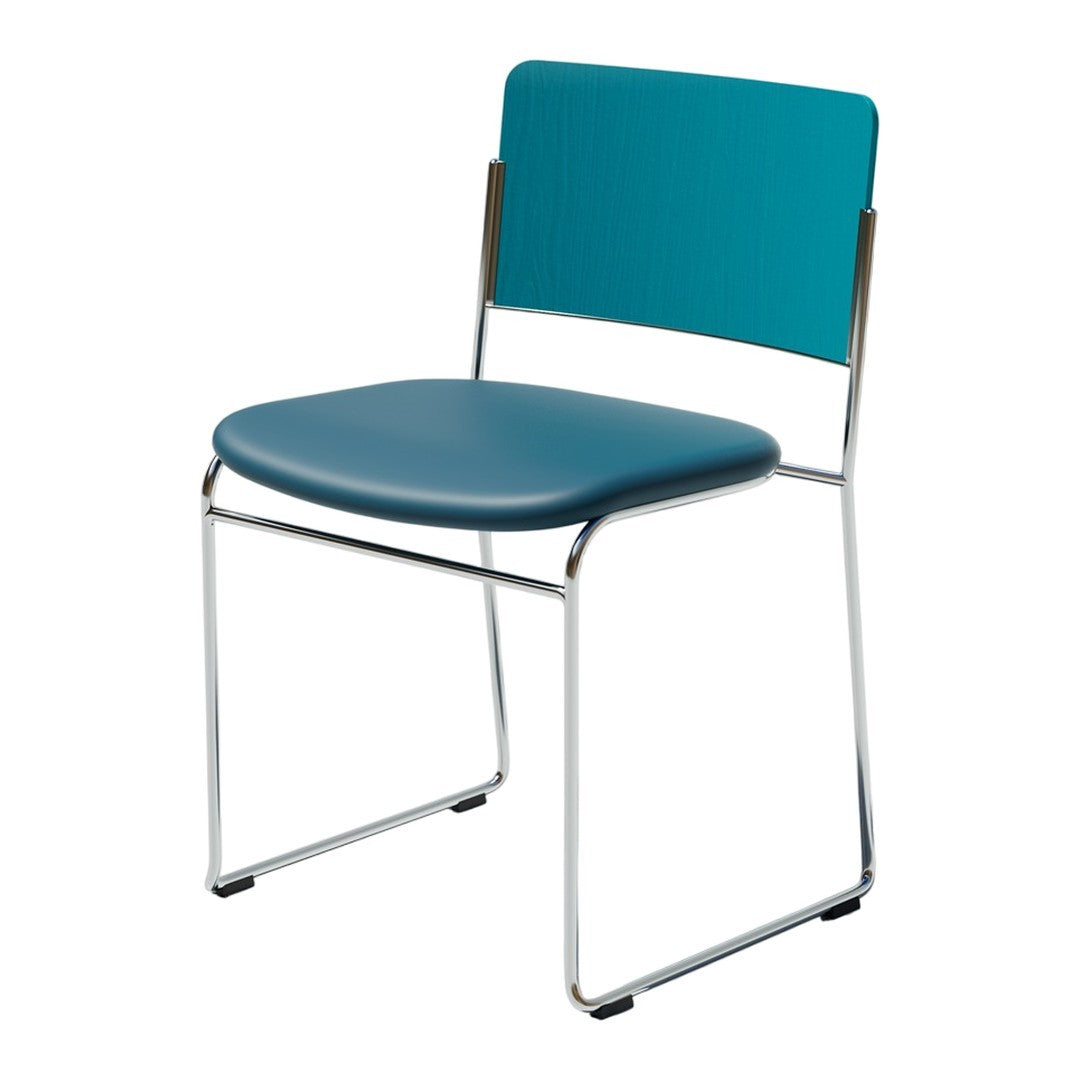Teal chair with a sleek chrome frame and smooth, modern design. Perfect for contemporary interiors.