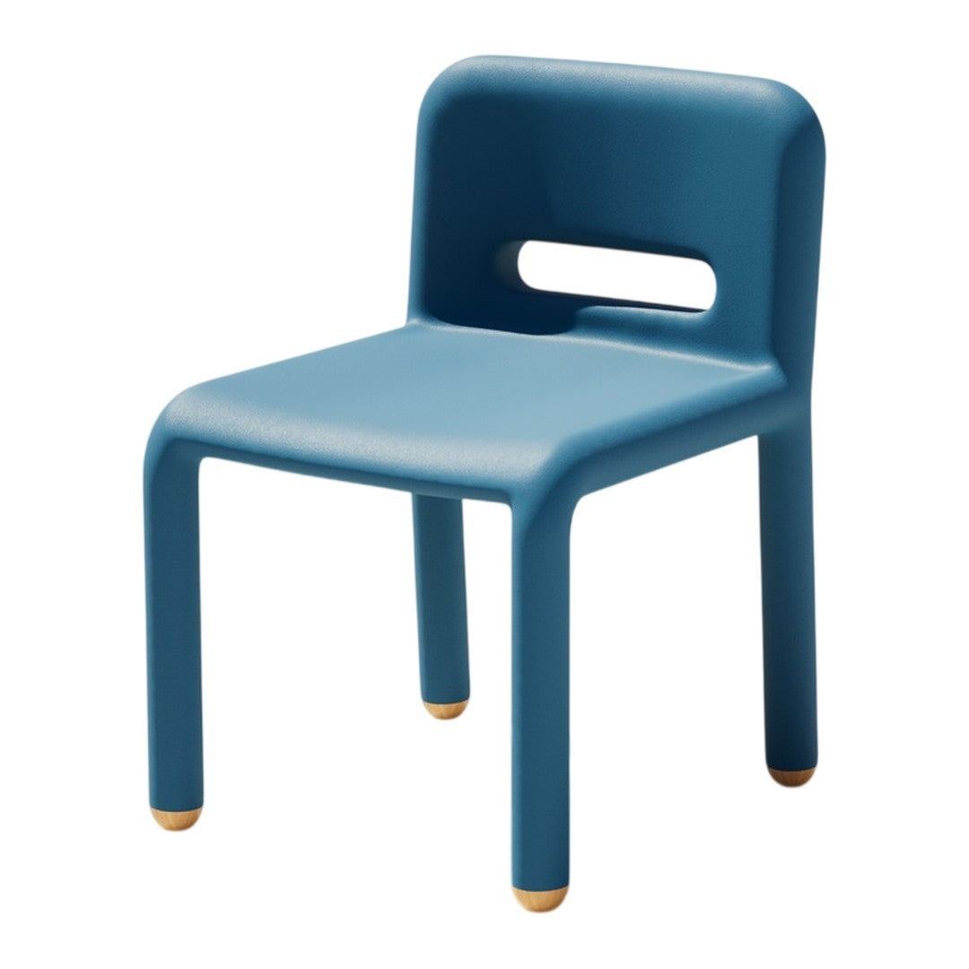 Blue molded chair with rounded edges and wooden legs, featuring a simple, modern design. Ideal for kids’ spaces.