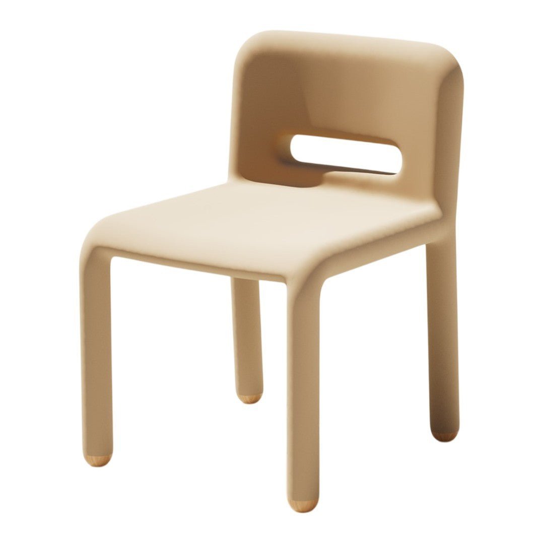 Beige plastic chair with a sleek design and rounded edges, featuring a minimalist style and a small cut-out back.