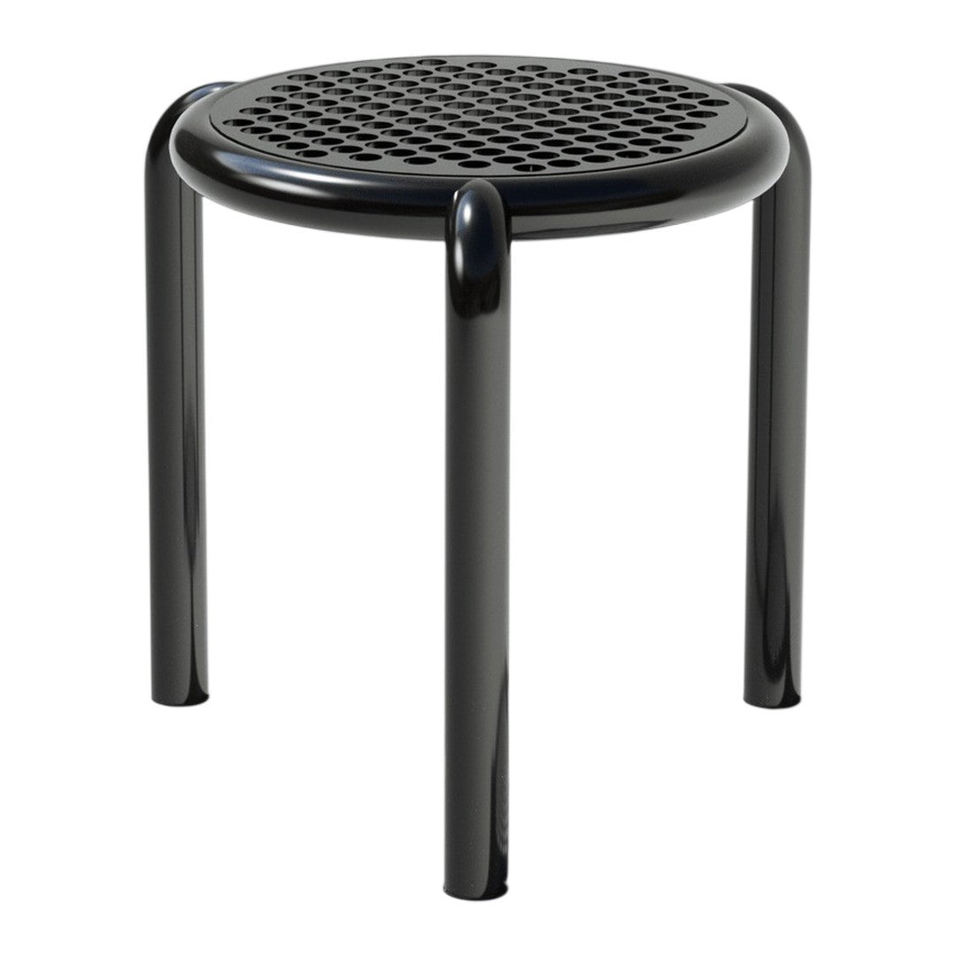 Black stool with a round perforated seat and sleek tubular legs, featuring a modern and minimalist design.