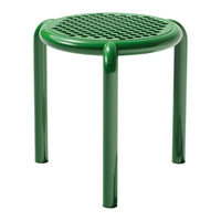 Vibrant green perforated metal stool with a sleek, modern design and round shape. Ideal for indoor or outdoor use.
