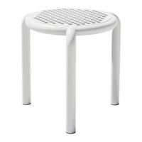 White round stool with a perforated pattern design and smooth, curved legs. Ideal for modern decor.