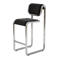 Black padded stool with sleek chrome frame, featuring a minimalist design for modern decor.