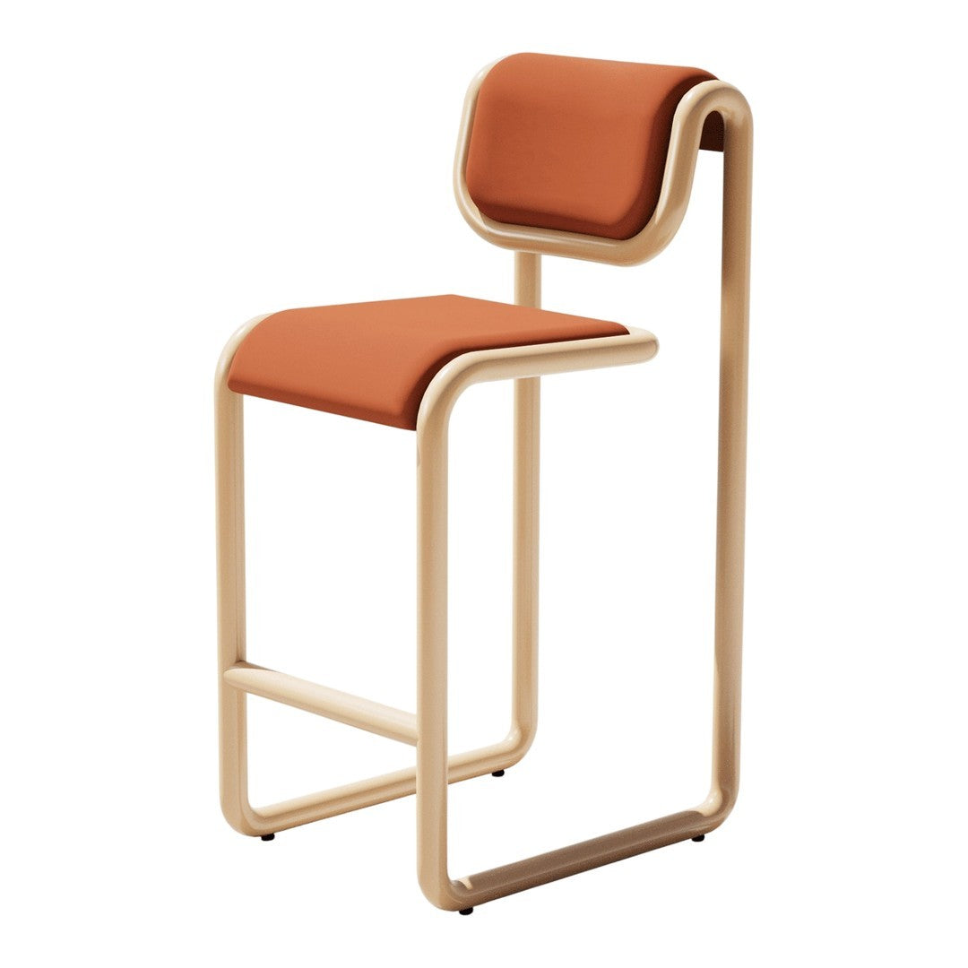 Modern bar stool featuring a sleek, light beige frame with a warm orange cushioned seat and backrest.
