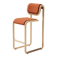 Modern bar stool featuring a sleek, light beige frame with a warm orange cushioned seat and backrest.