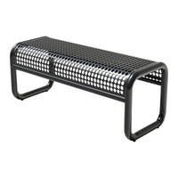 Black metal bench with a modern perforated design, featuring circular patterns and a sleek, minimalist look.