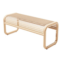 Beige metal bench with a perforated pattern, featuring a sleek, modern design for stylish outdoor seating.