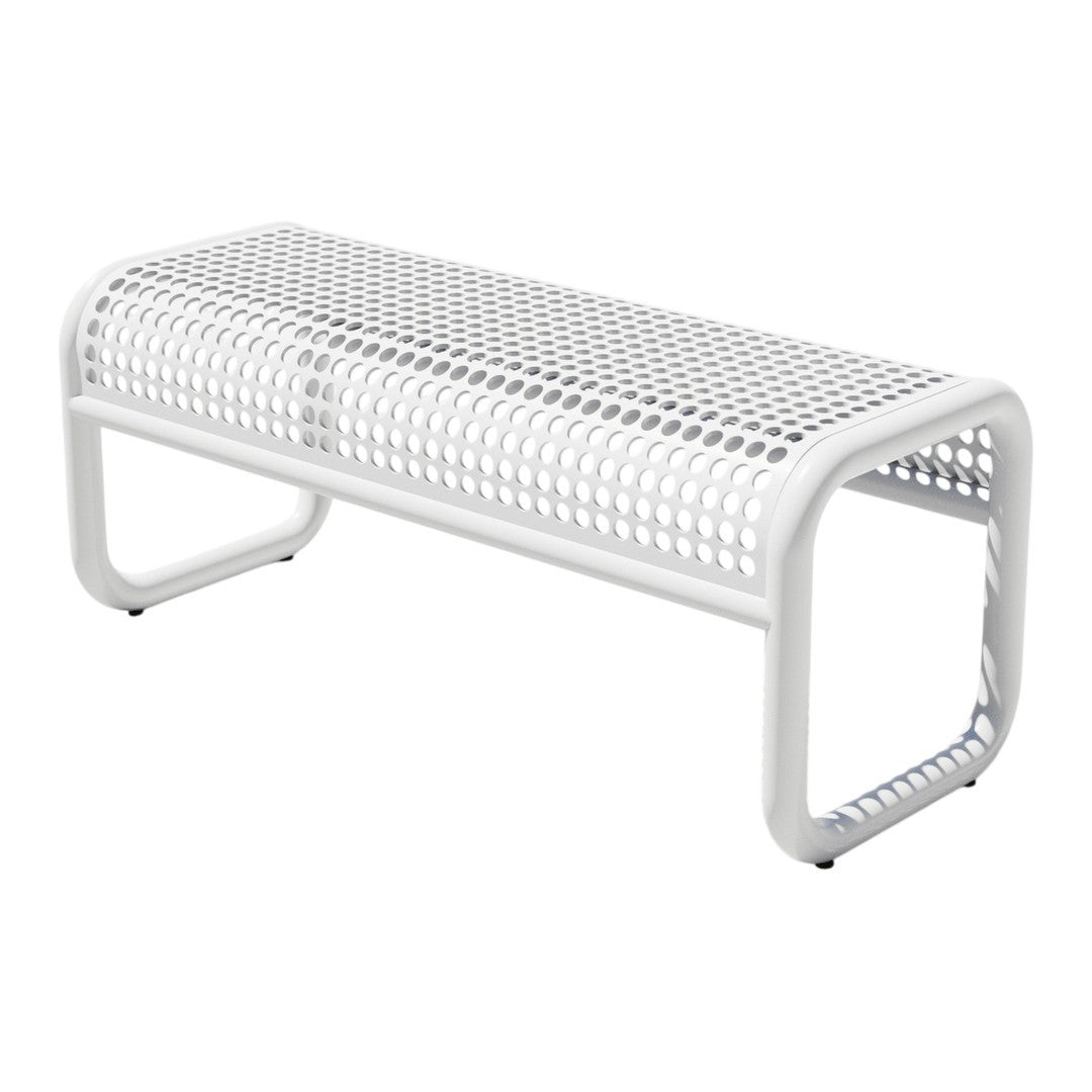 White metal bench with a perforated pattern, perfect for modern outdoor and indoor decor.