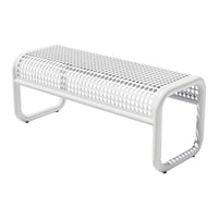 White metal bench with a perforated pattern, perfect for modern outdoor and indoor decor.