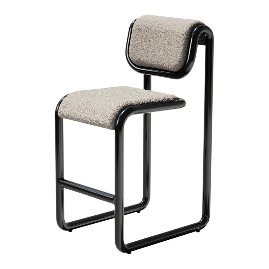 Beige upholstered stool with a sleek black metal frame, featuring a modern, minimalist design.