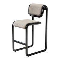 Beige upholstered stool with a sleek black metal frame, featuring a modern, minimalist design.