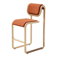 Orange upholstered stool with sleek beige frame, featuring minimalist design and smooth, contemporary lines.
