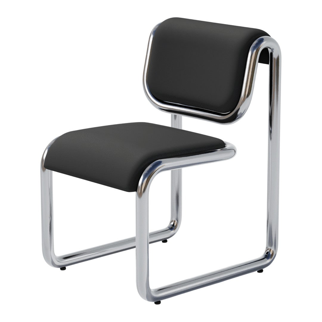 Black upholstered chair with smooth chrome frame, showcasing a minimalist design and contemporary style.