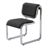 Black upholstered chair with smooth chrome frame, showcasing a minimalist design and contemporary style.