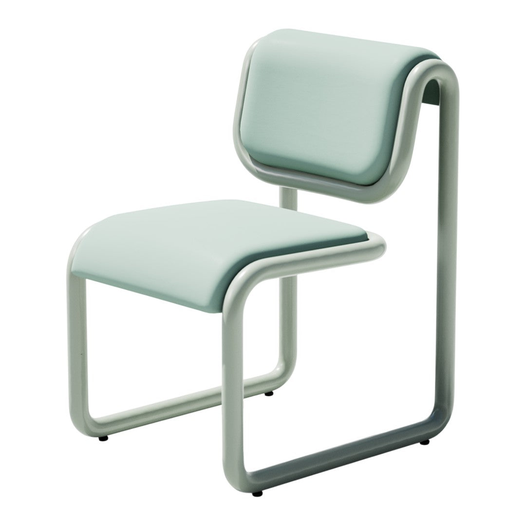 Mint green chair with a smooth, curved design and contrasting light gray frame. Minimalist style for modern interiors.