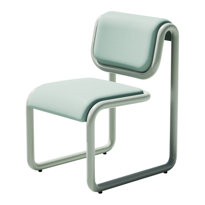 Mint green chair with a smooth, curved design and contrasting light gray frame. Minimalist style for modern interiors.