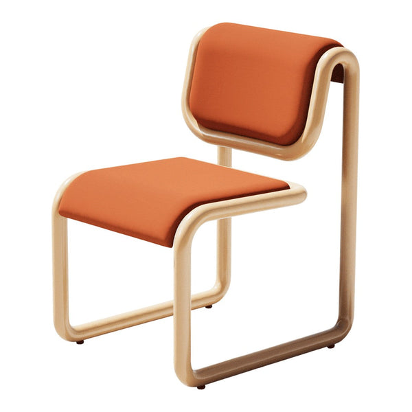 Retro-inspired chair featuring a smooth, curved tan frame and vibrant orange cushions, perfect for modern decor.