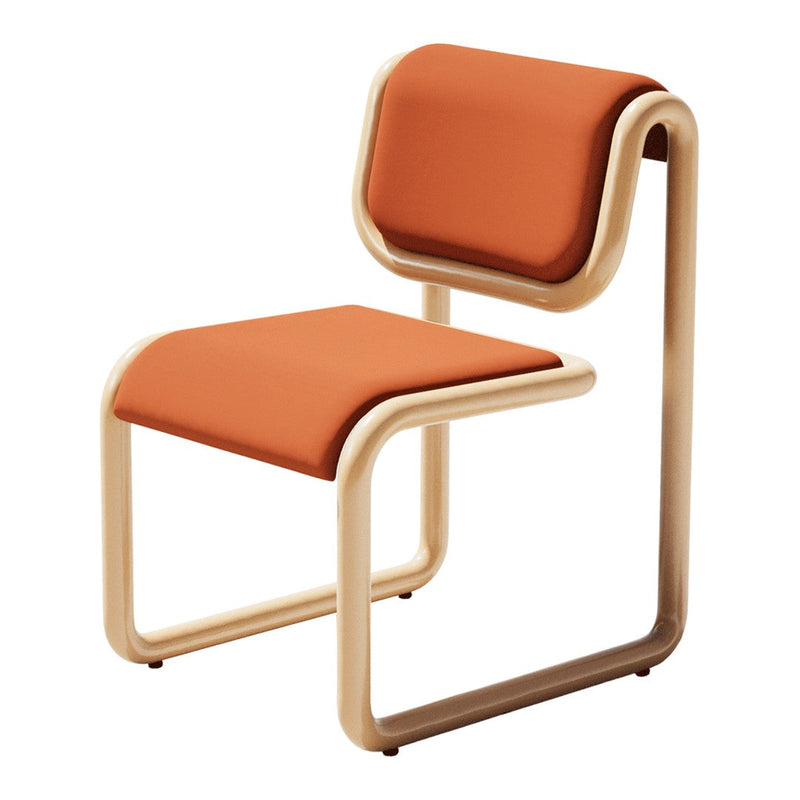 Retro-inspired chair featuring a smooth, curved tan frame and vibrant orange cushions, perfect for modern decor.