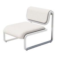 Minimalist white lounge chair with a textured upholstery and sleek metal frame. Perfect for modern interiors.